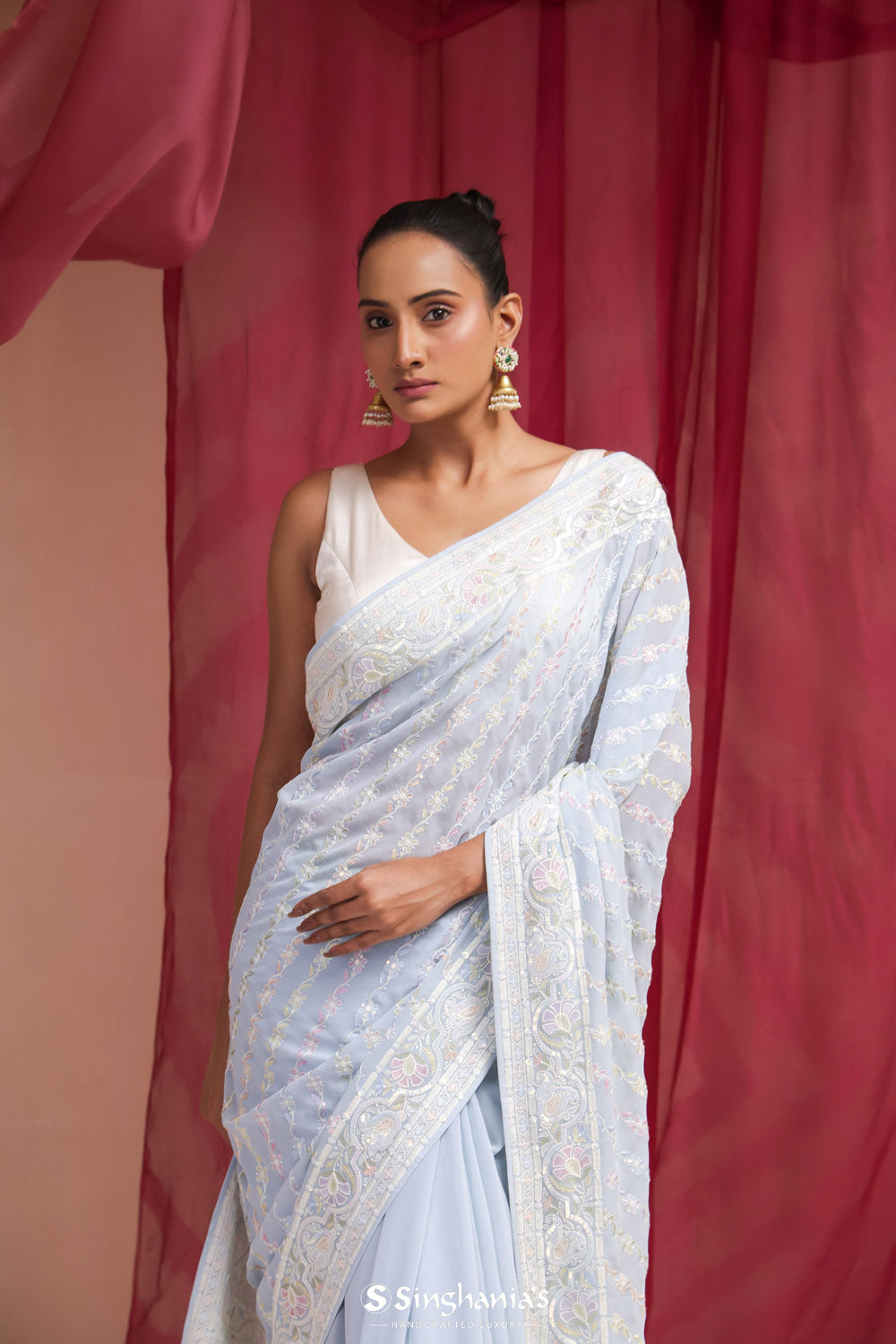 Columbia Blue Georgette Designer Saree With Lucknowi Embroidery