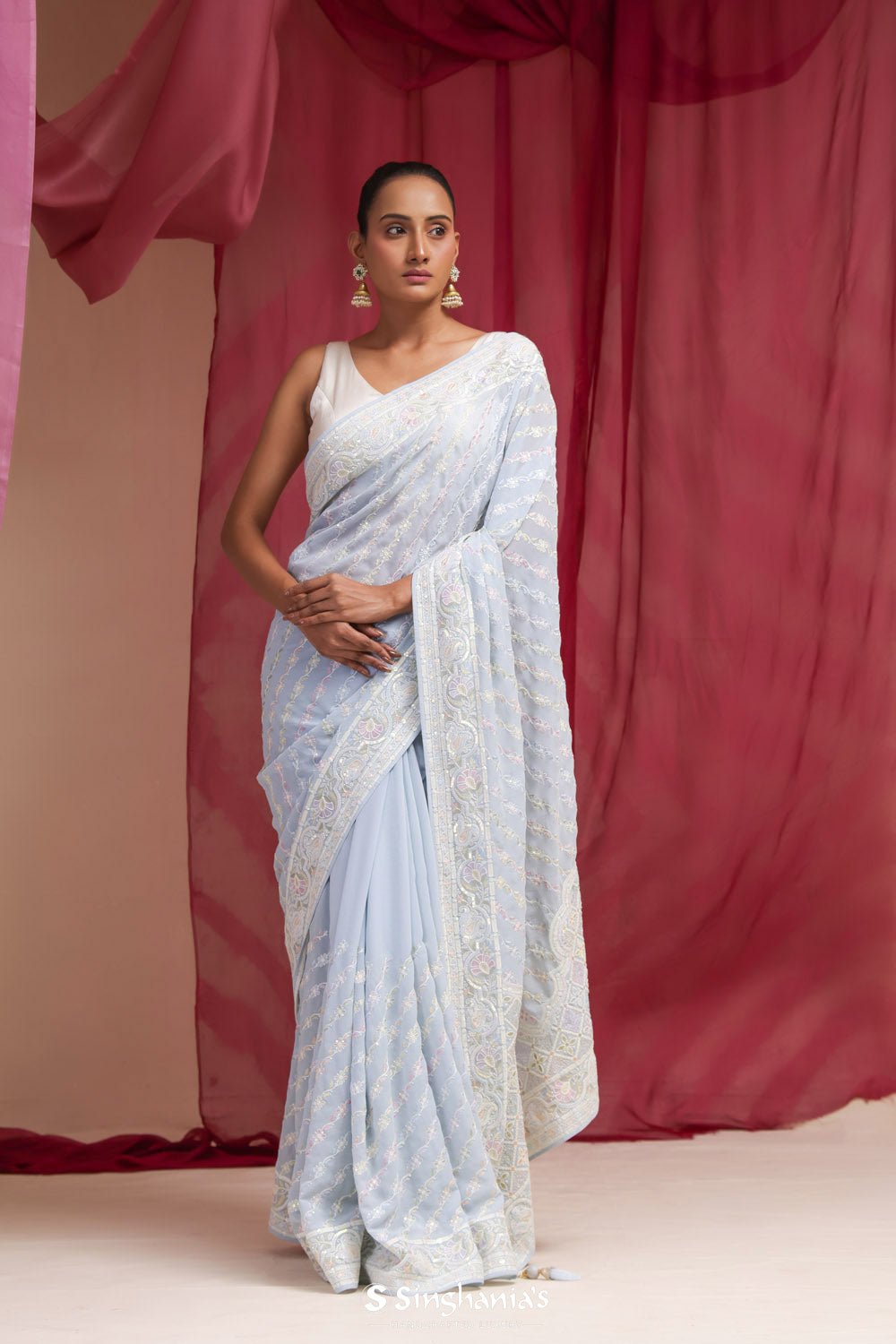 Columbia Blue Georgette Designer Saree With Lucknowi Embroidery