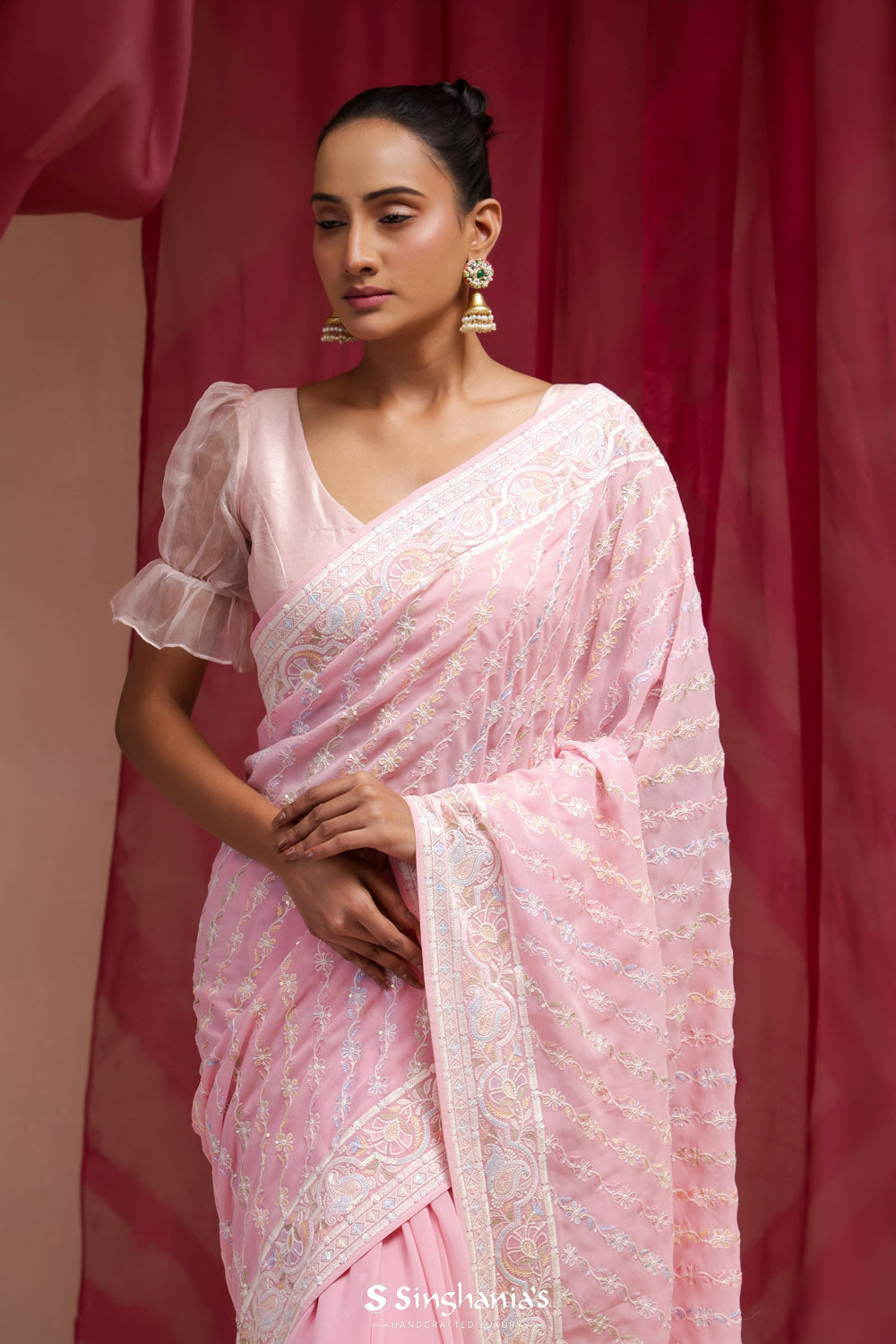 Blossom Pink Georgette Designer Saree With Lucknowi Embroidery