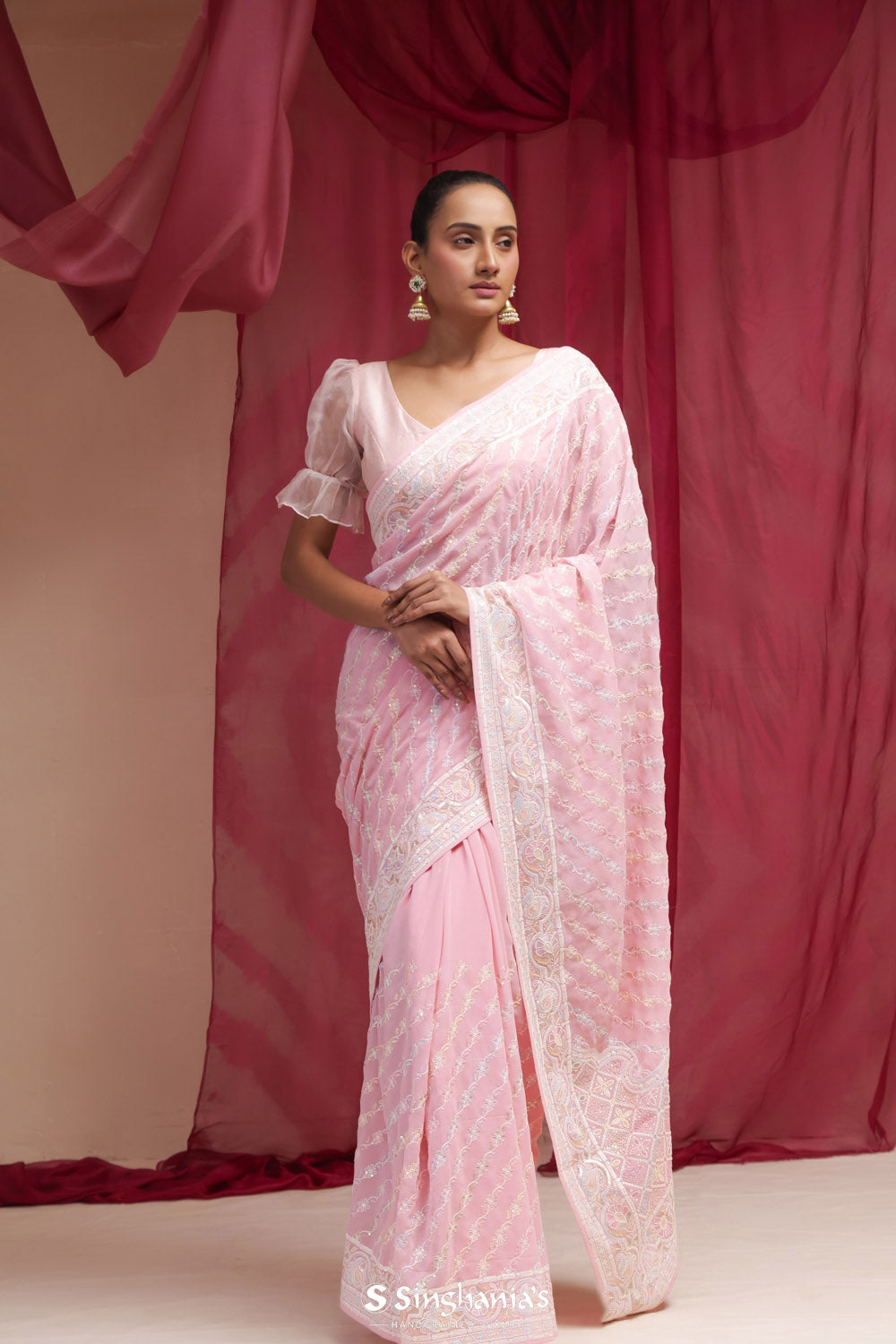 Blossom Pink Georgette Designer Saree With Lucknowi Embroidery