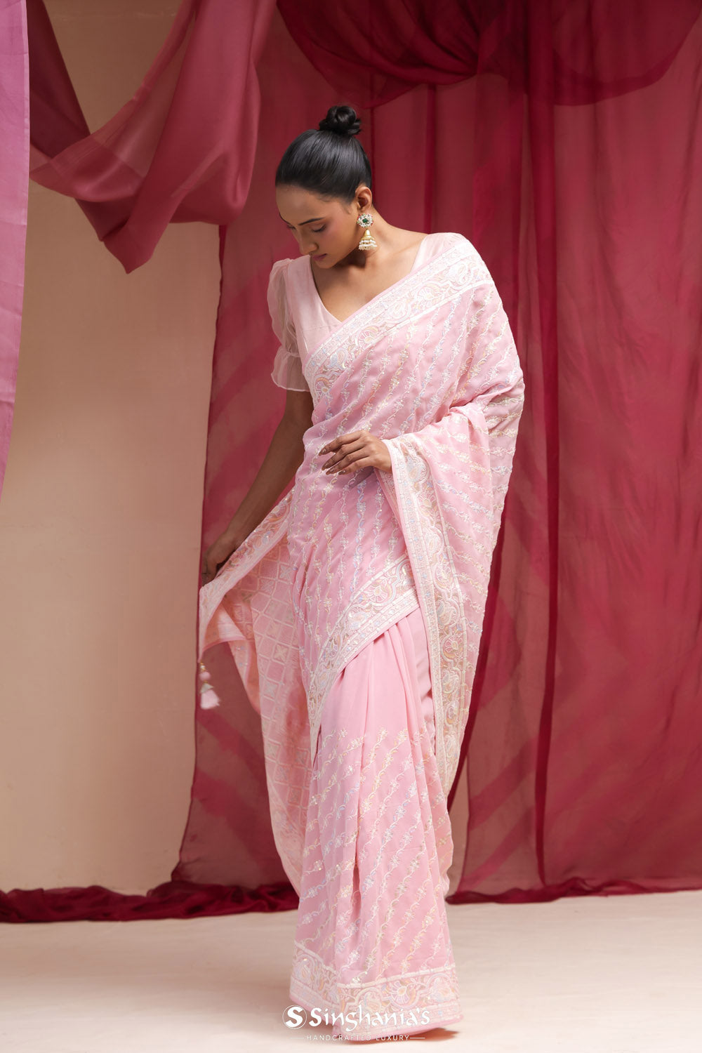 Blossom Pink Georgette Designer Saree With Lucknowi Embroidery