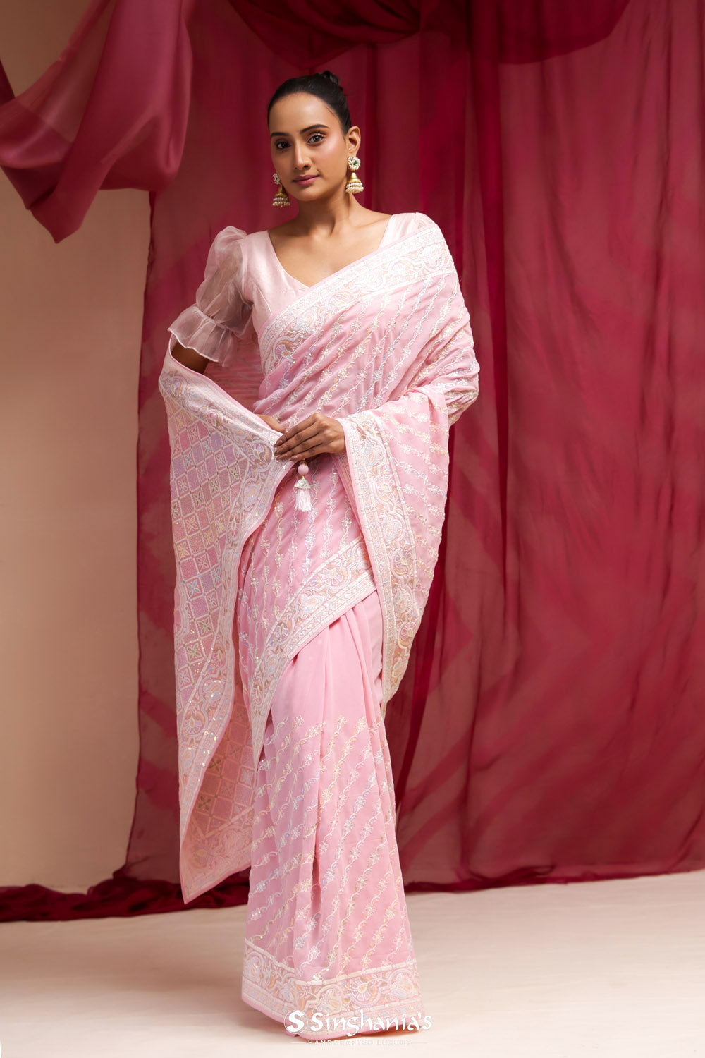 Blossom Pink Georgette Designer Saree With Lucknowi Embroidery