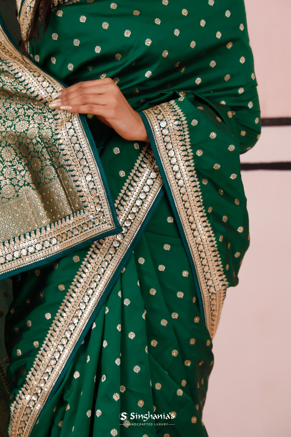 Dartmouth Green Banarasi Silk Saree With Gold Zari Details