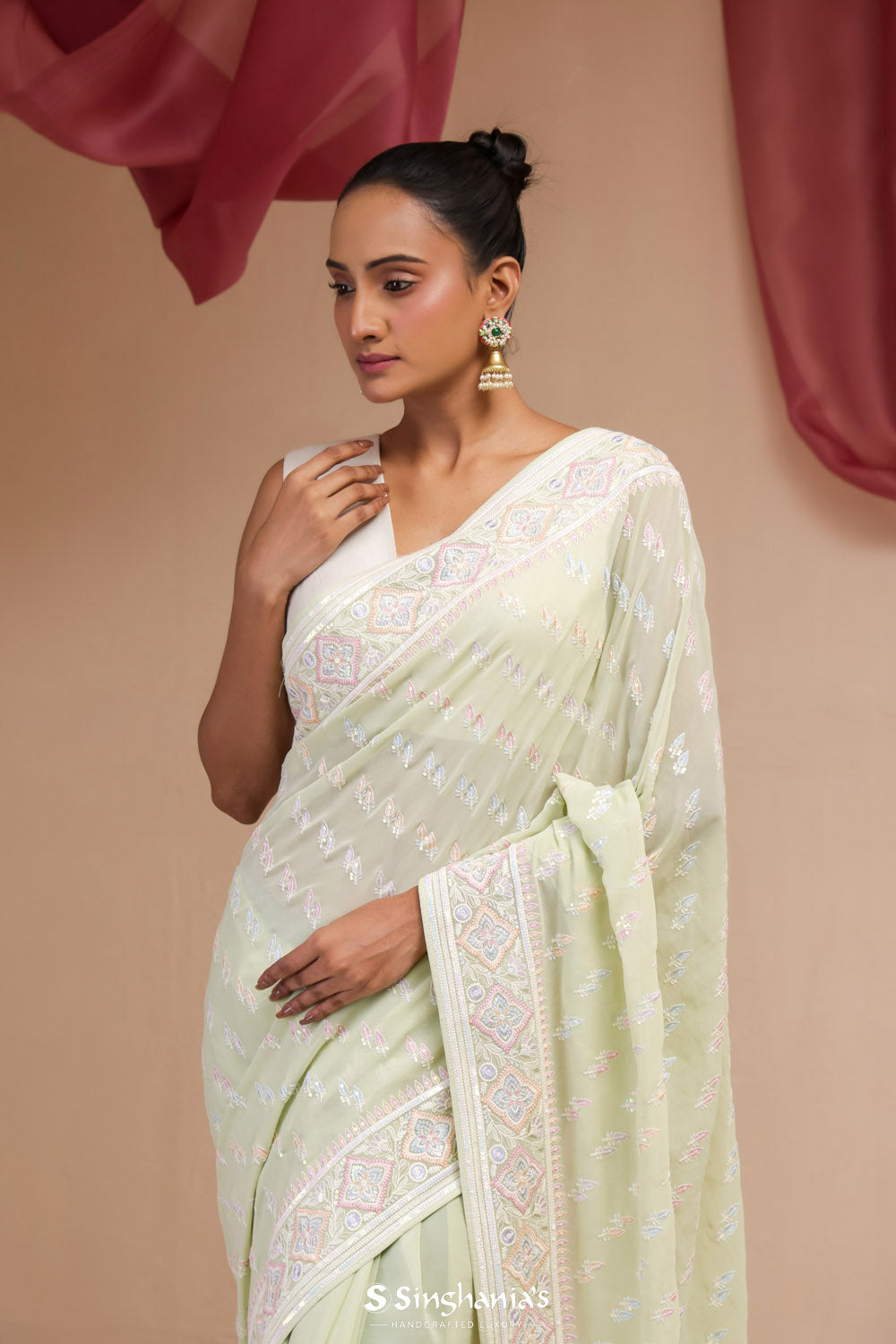 Celadon Green Georgette Designer Saree With Lucknowi Embroidery