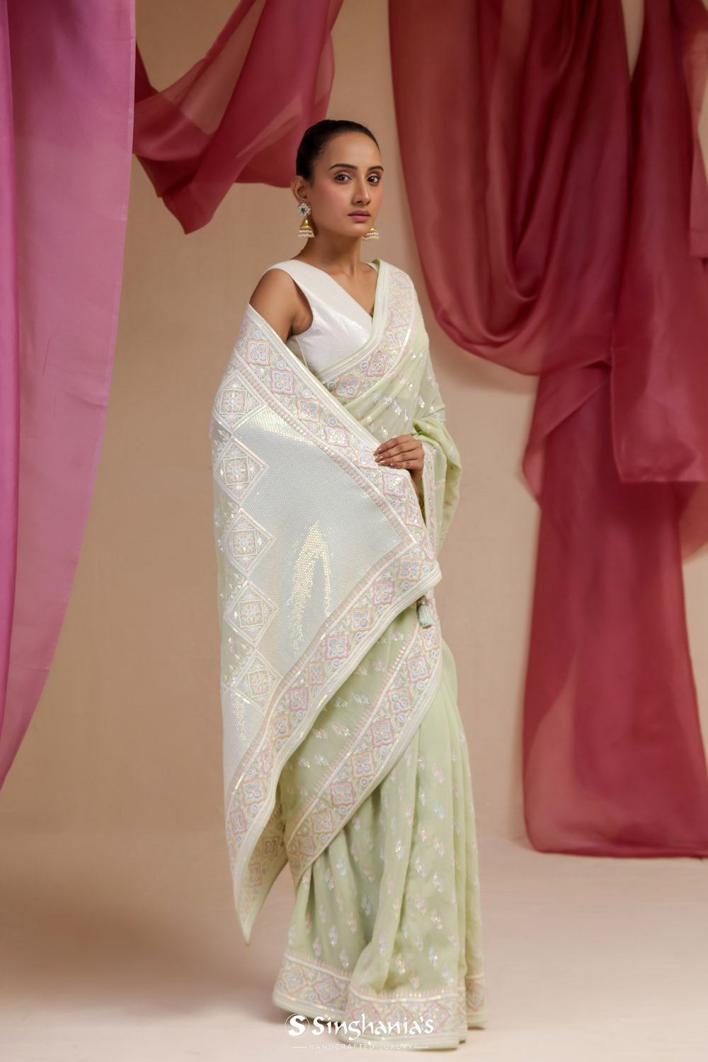 Celadon Green Georgette Designer Saree With Lucknowi Embroidery