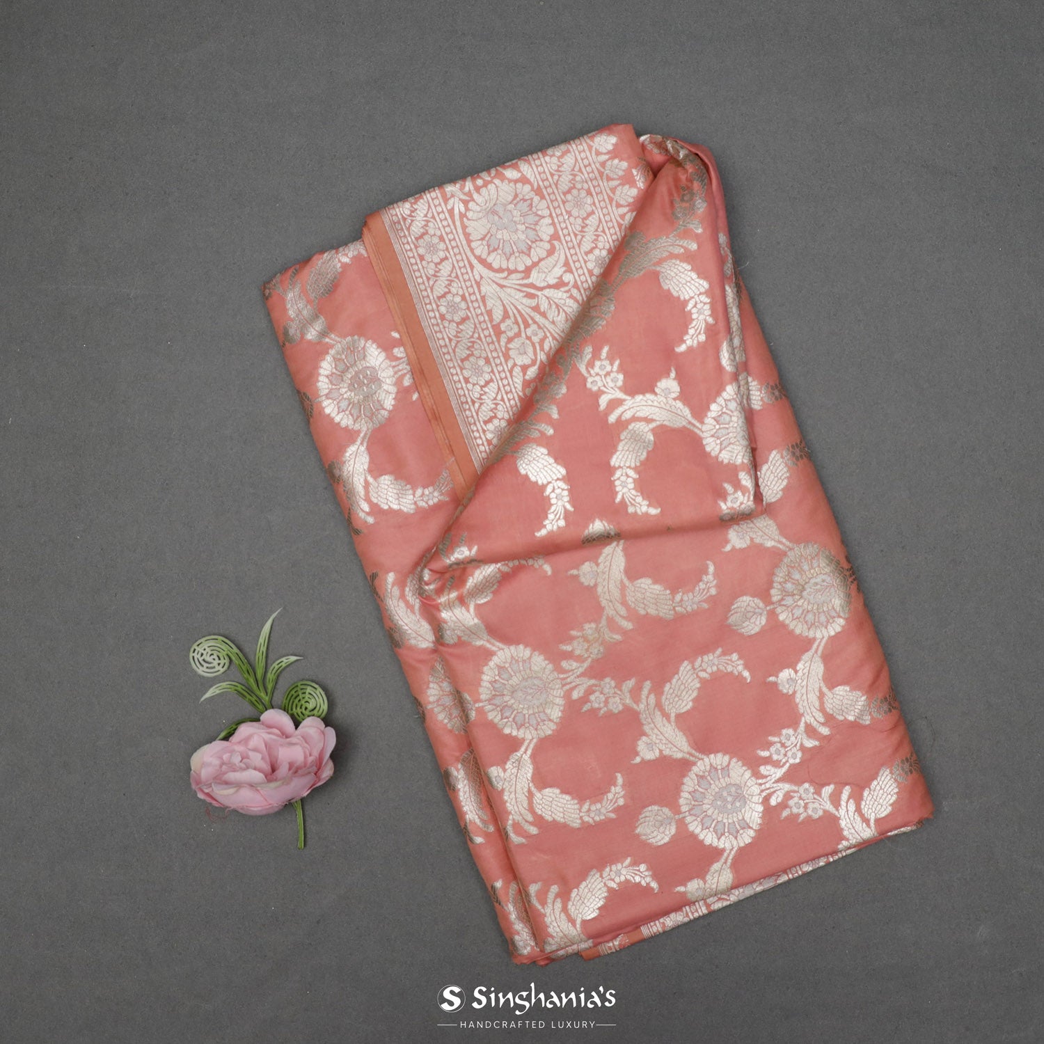 Salmon Pink Silk Saree With Banarasi Weaving