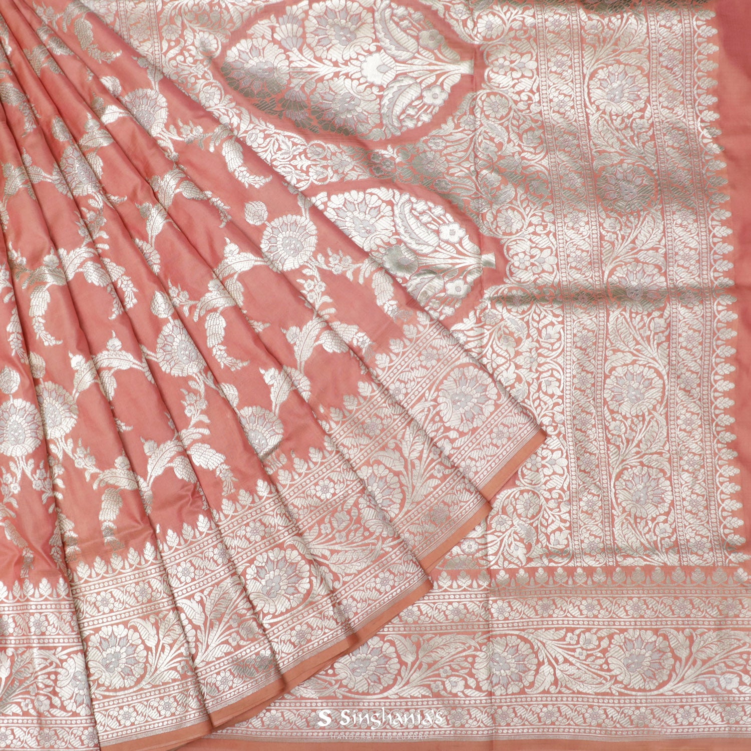Salmon Pink Silk Saree With Banarasi Weaving