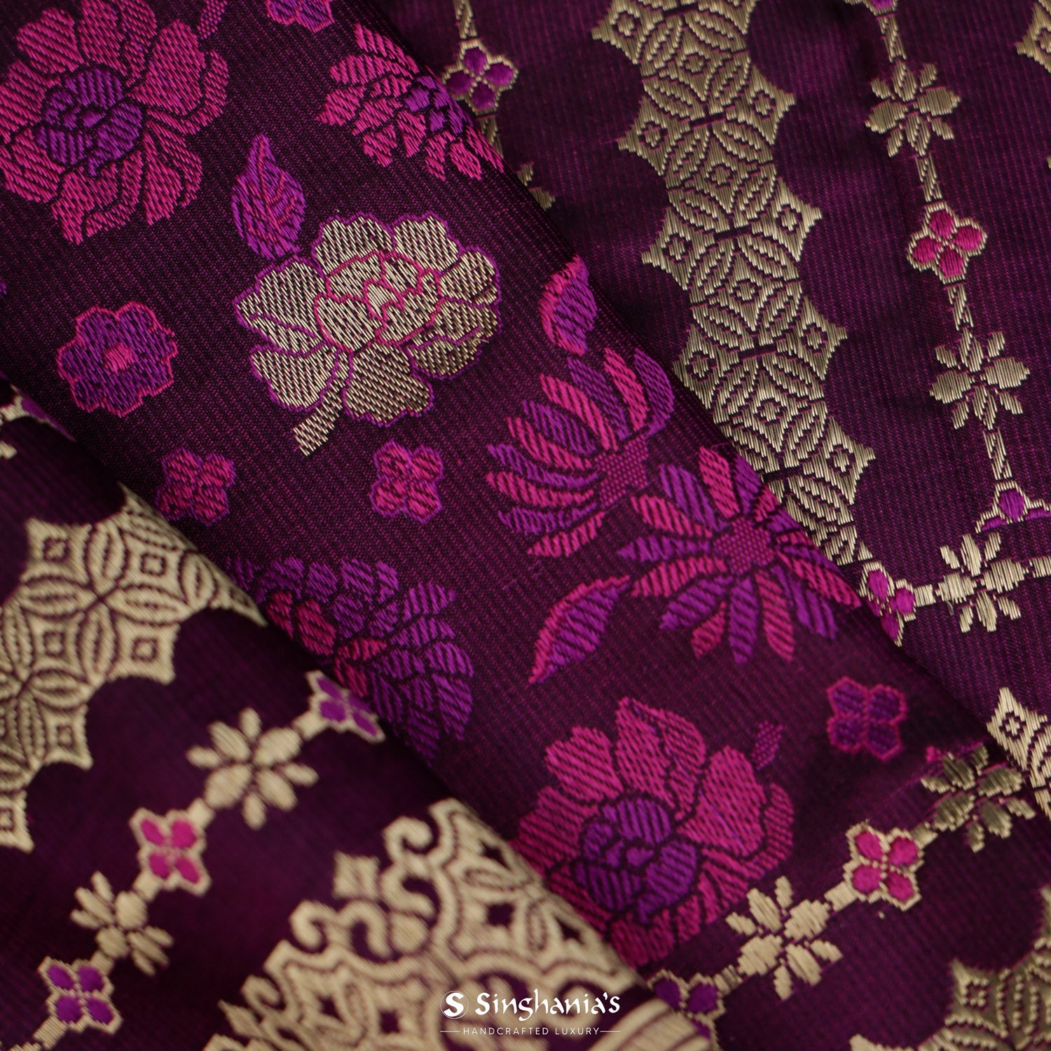 Cardinal Purple Silk Saree With Floral Zari Banarasi Buttis