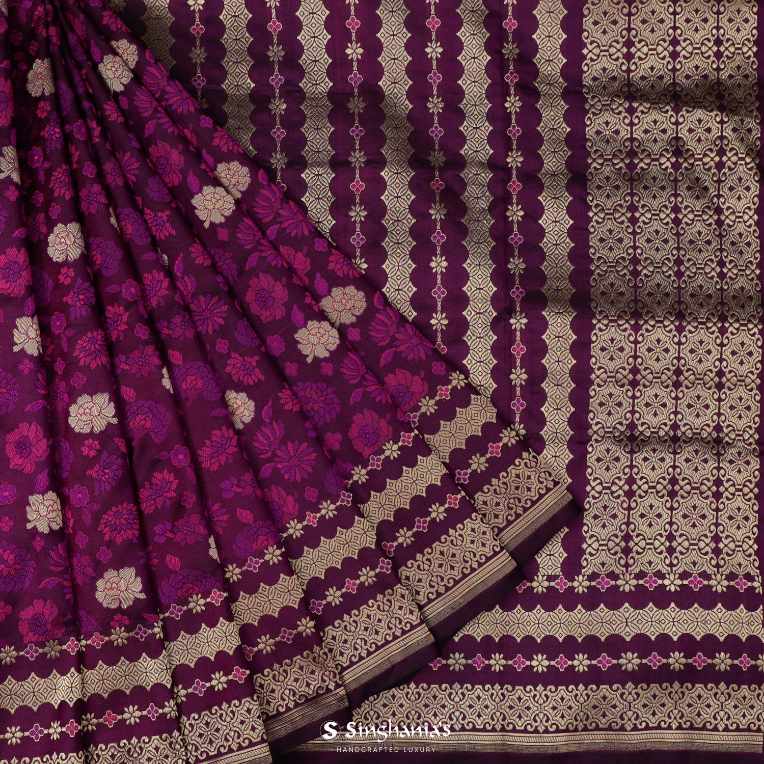 Cardinal Purple Silk Saree With Floral Zari Banarasi Buttis