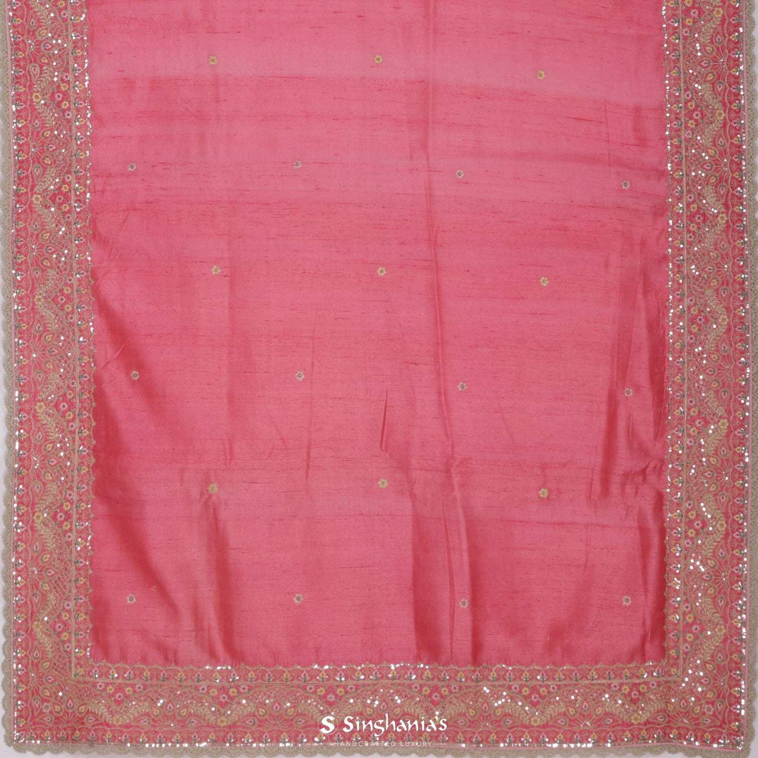 Candy Pink Dupion Silk Saree With Floral Sequin Buttis And Thread Embroidery