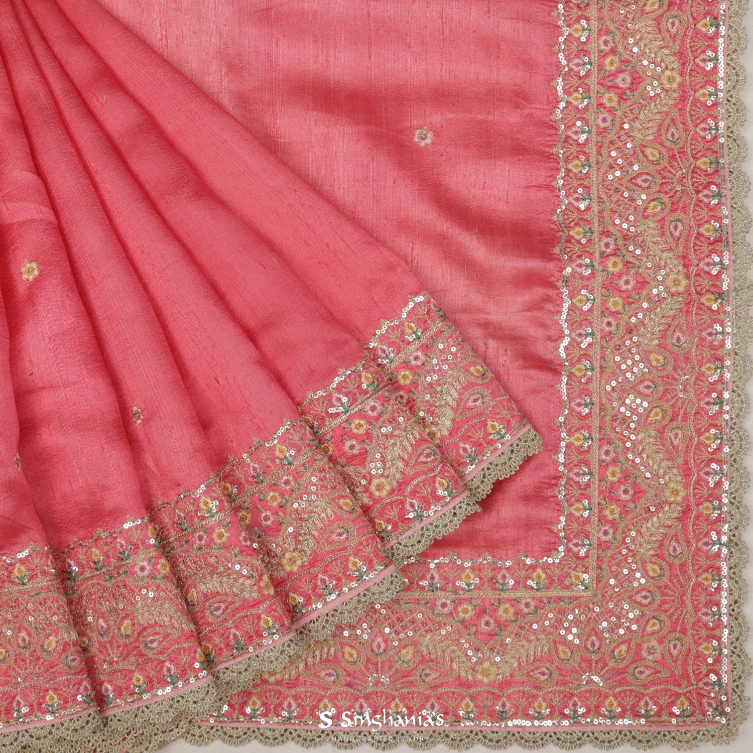 Candy Pink Dupion Silk Saree With Floral Sequin Buttis And Thread Embroidery