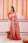 Red Gold Tissue Banarasi Saree With Floral Zari Weaving