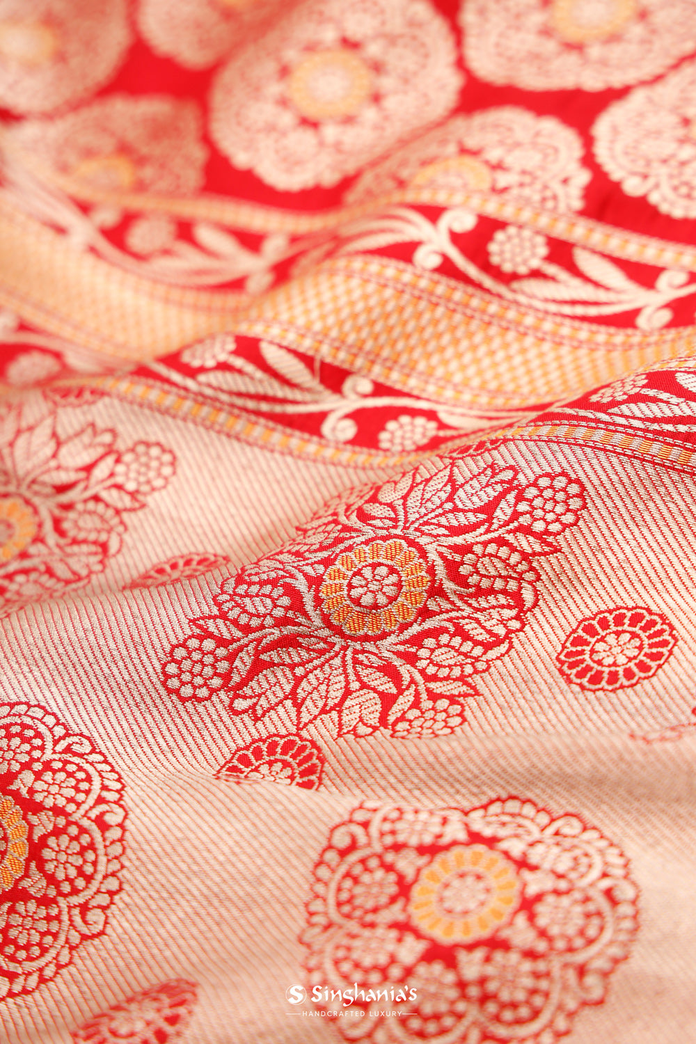 Red Gold Tissue Banarasi Saree With Floral Zari Weaving