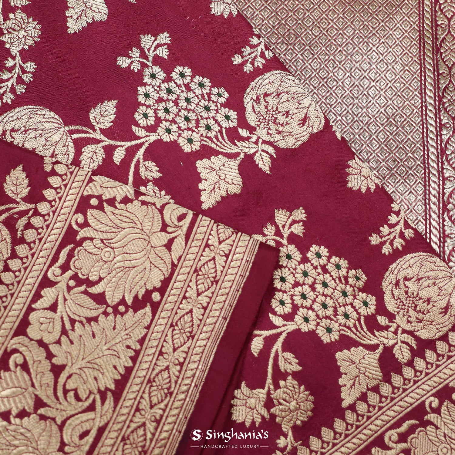 Barn Red Banarasi Saree With Floral Zari Weaving