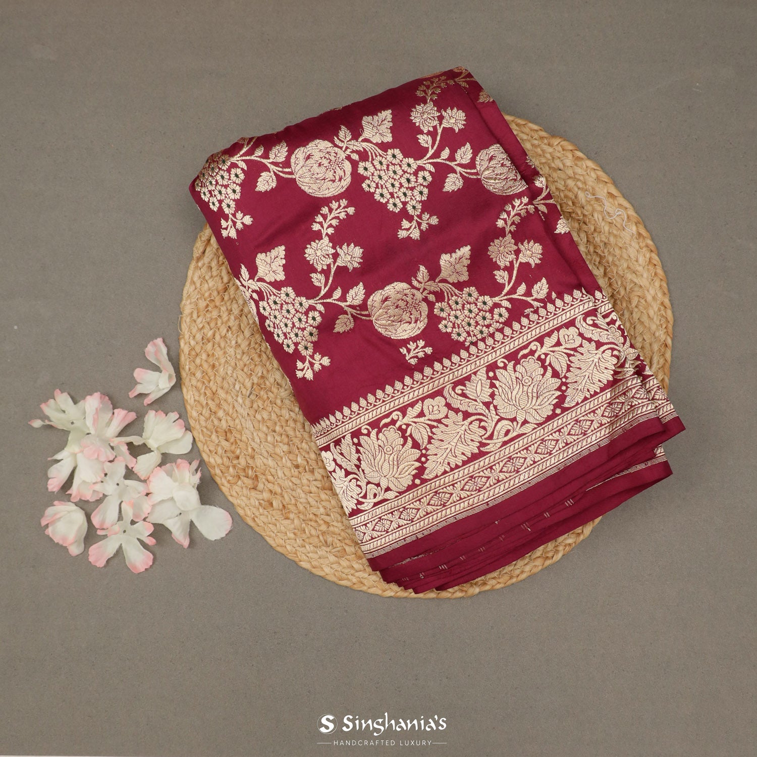 Barn Red Banarasi Saree With Floral Zari Weaving