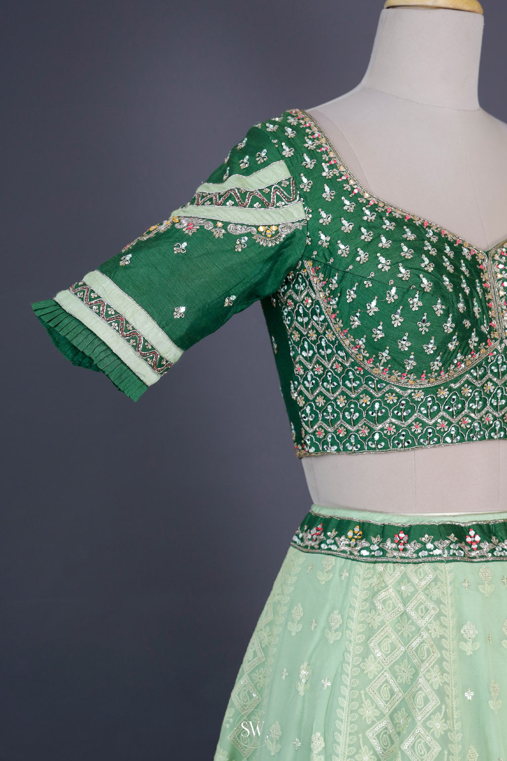 Green Multicolour Silk Lehenga Set With Zari Weaving