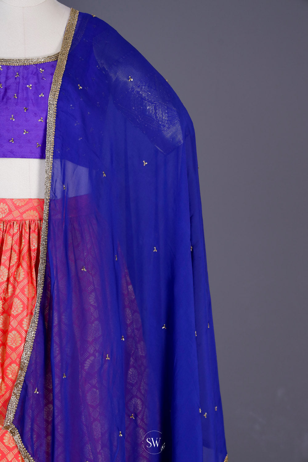 Deep Blue-Orange Silk Lehenga Set With Zari Weaving