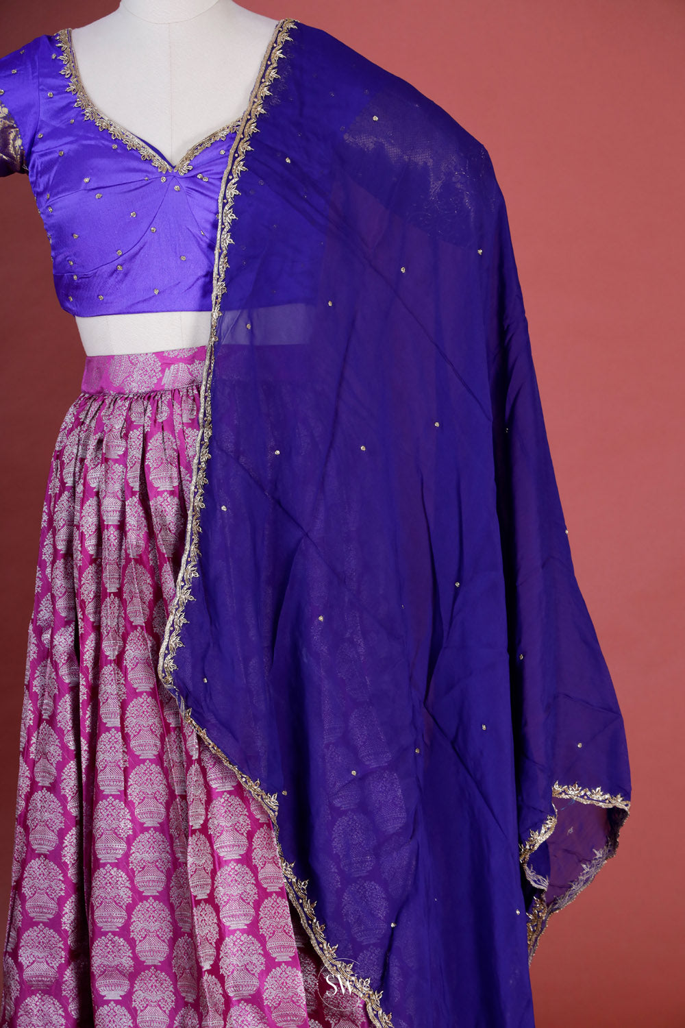 Deep Purple-Blue Silk Lehenga Set With Zari Weaving