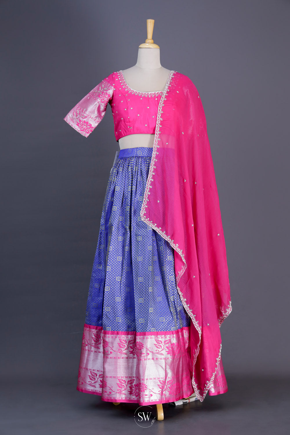 Sapphire Blue-Pink Silk Lehenga Set With Zari Weaving