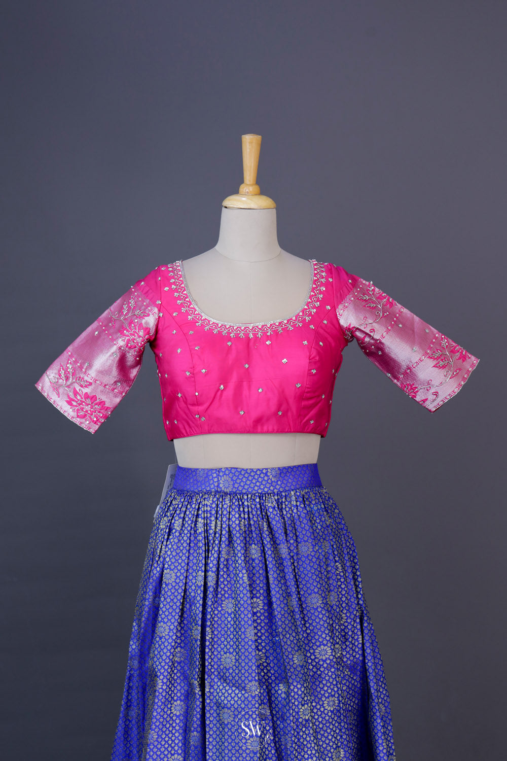 Sapphire Blue-Pink Silk Lehenga Set With Zari Weaving