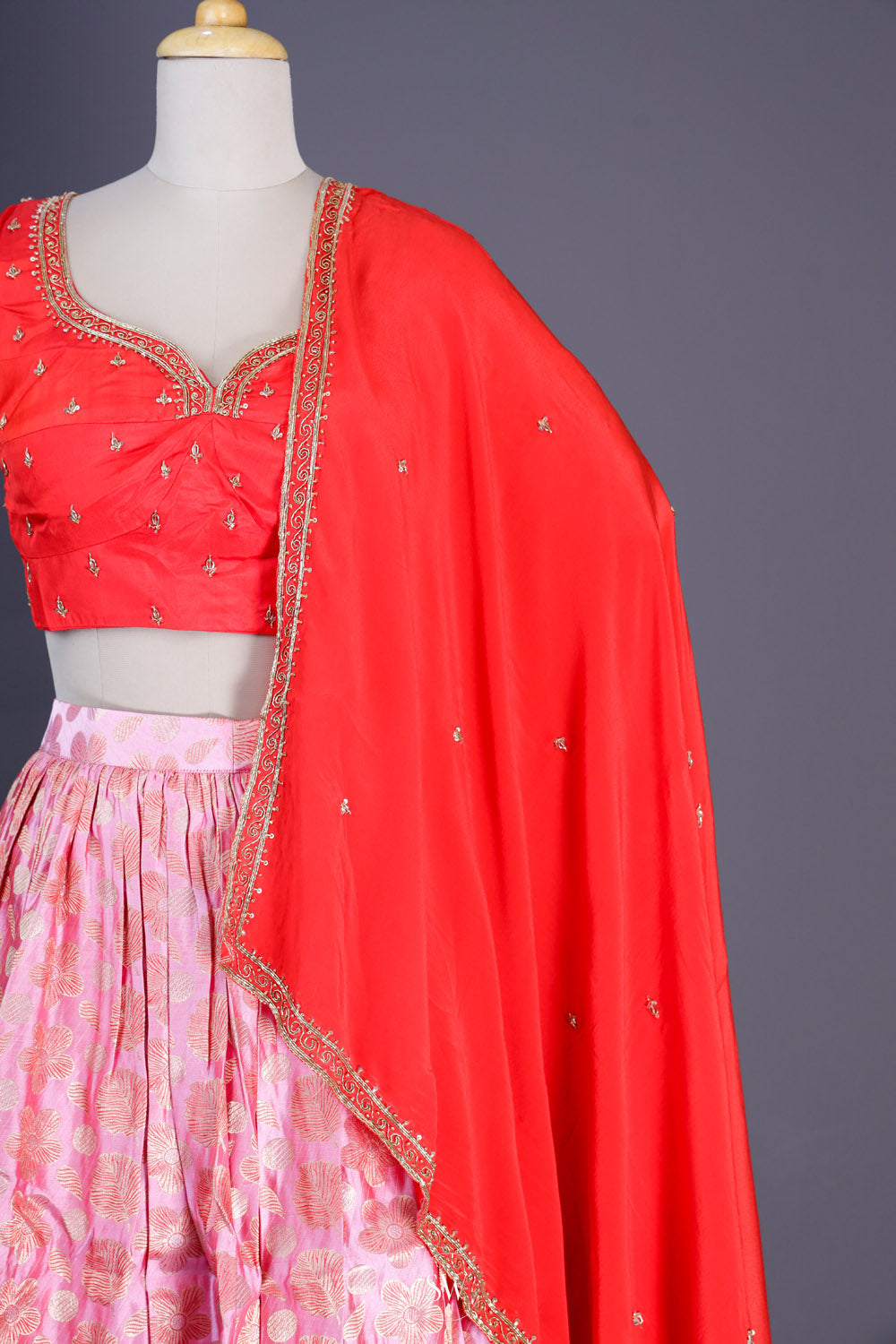 Deep Orange-Pink Silk Lehenga Set With Zari Weaving