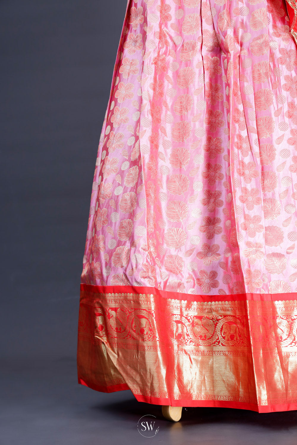 Deep Orange-Pink Silk Lehenga Set With Zari Weaving