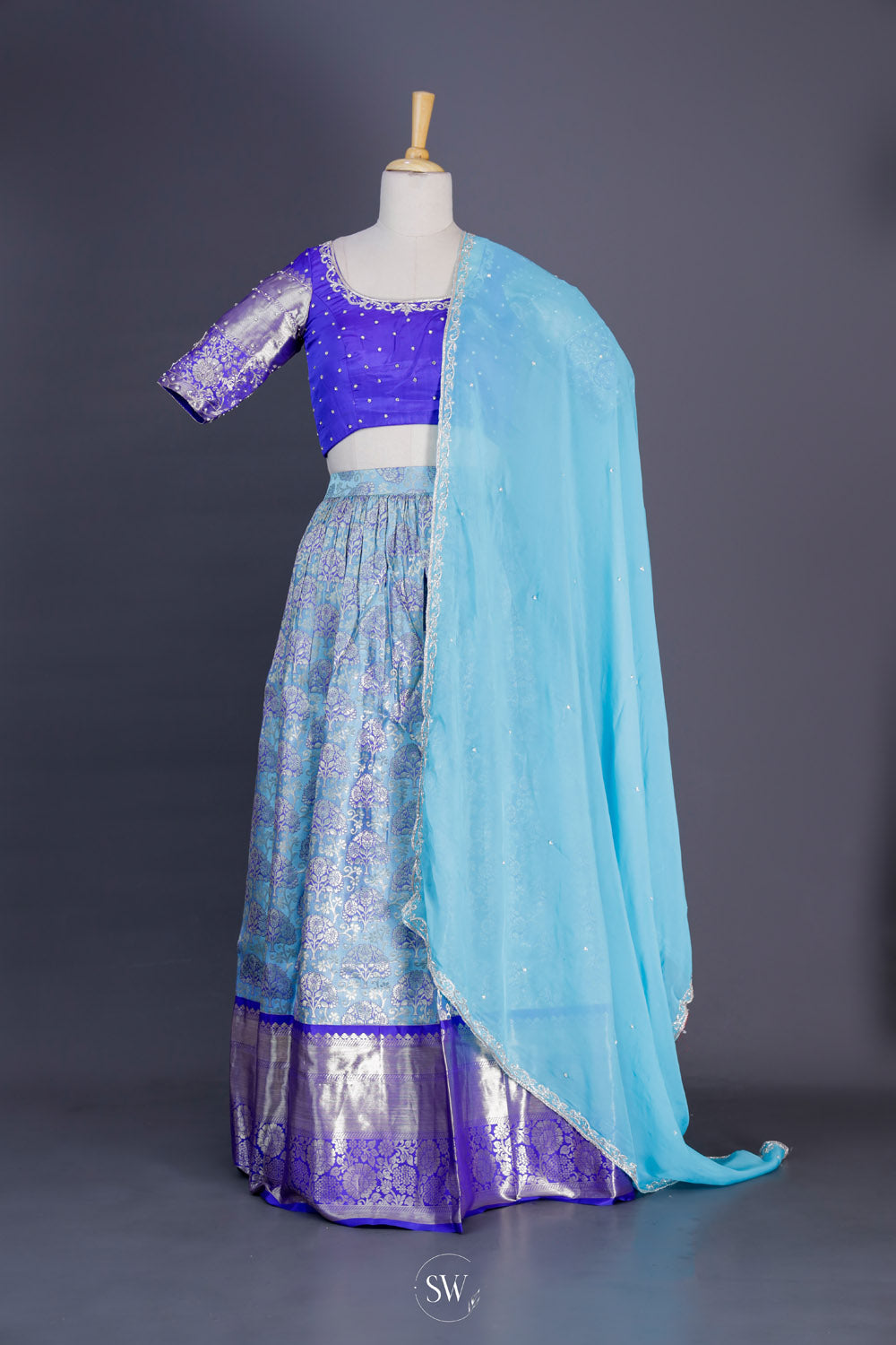 Multicolour Blue Silk Lehenga Set With Zari Weaving