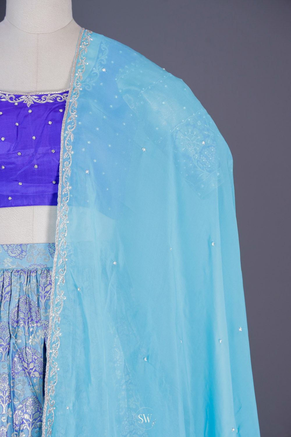 Multicolour Blue Silk Lehenga Set With Zari Weaving