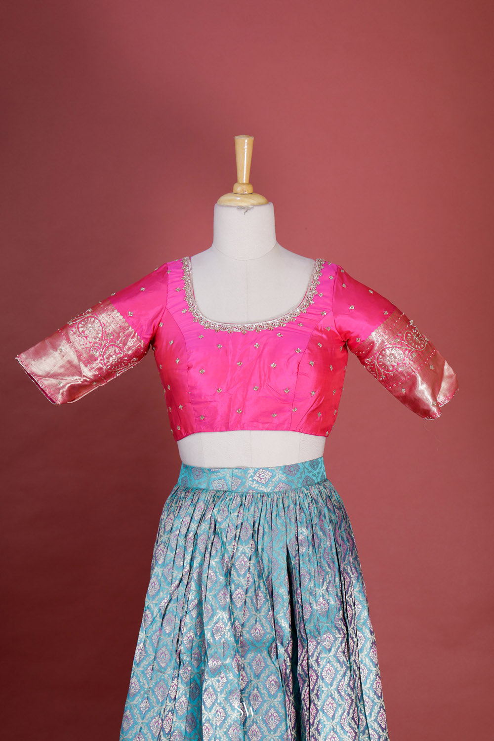 Neon Pink-Blue Silk Lehenga Set With Zari Weaving