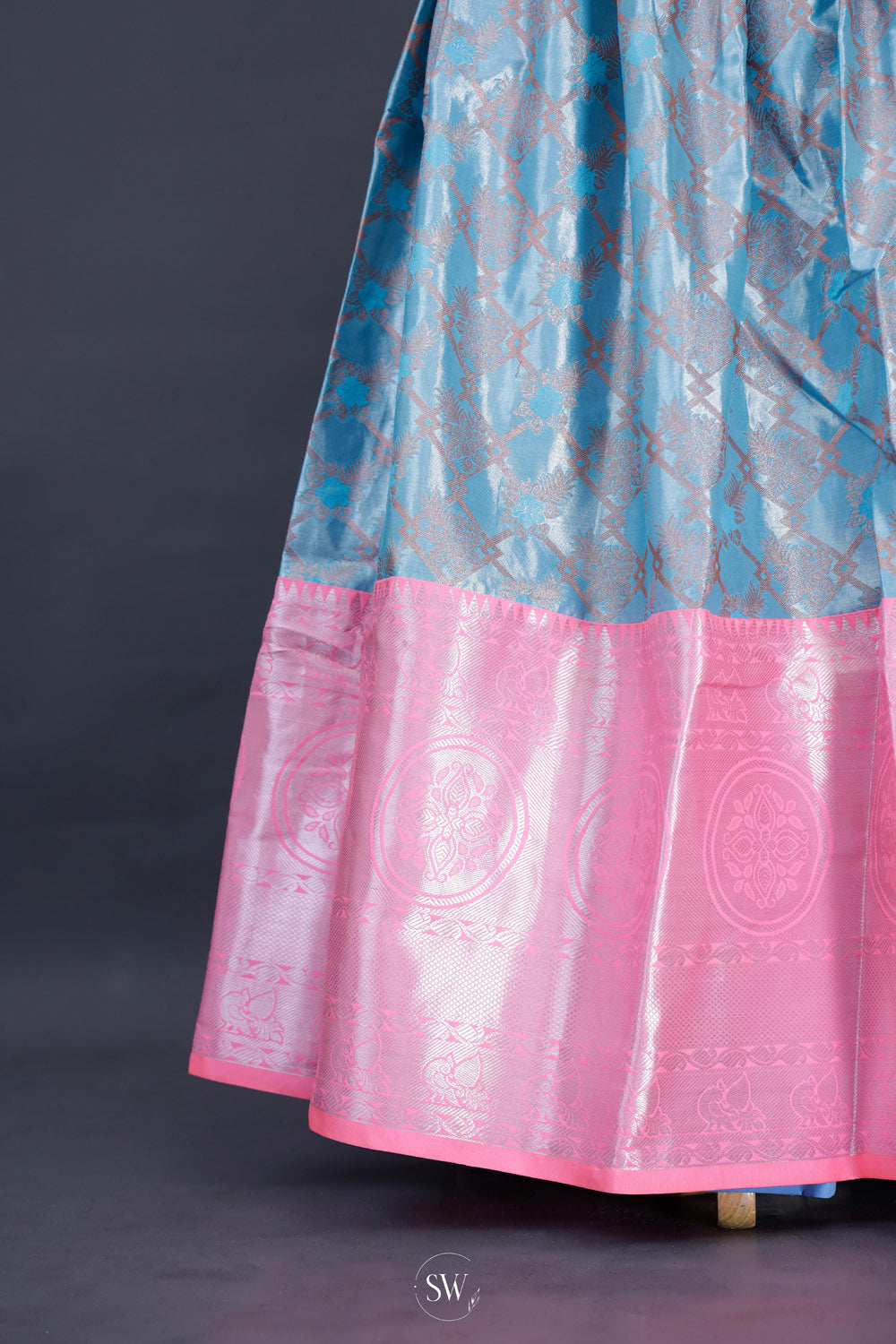 Pastel Pink-Blue Silk Lehenga Set With Zari Weaving