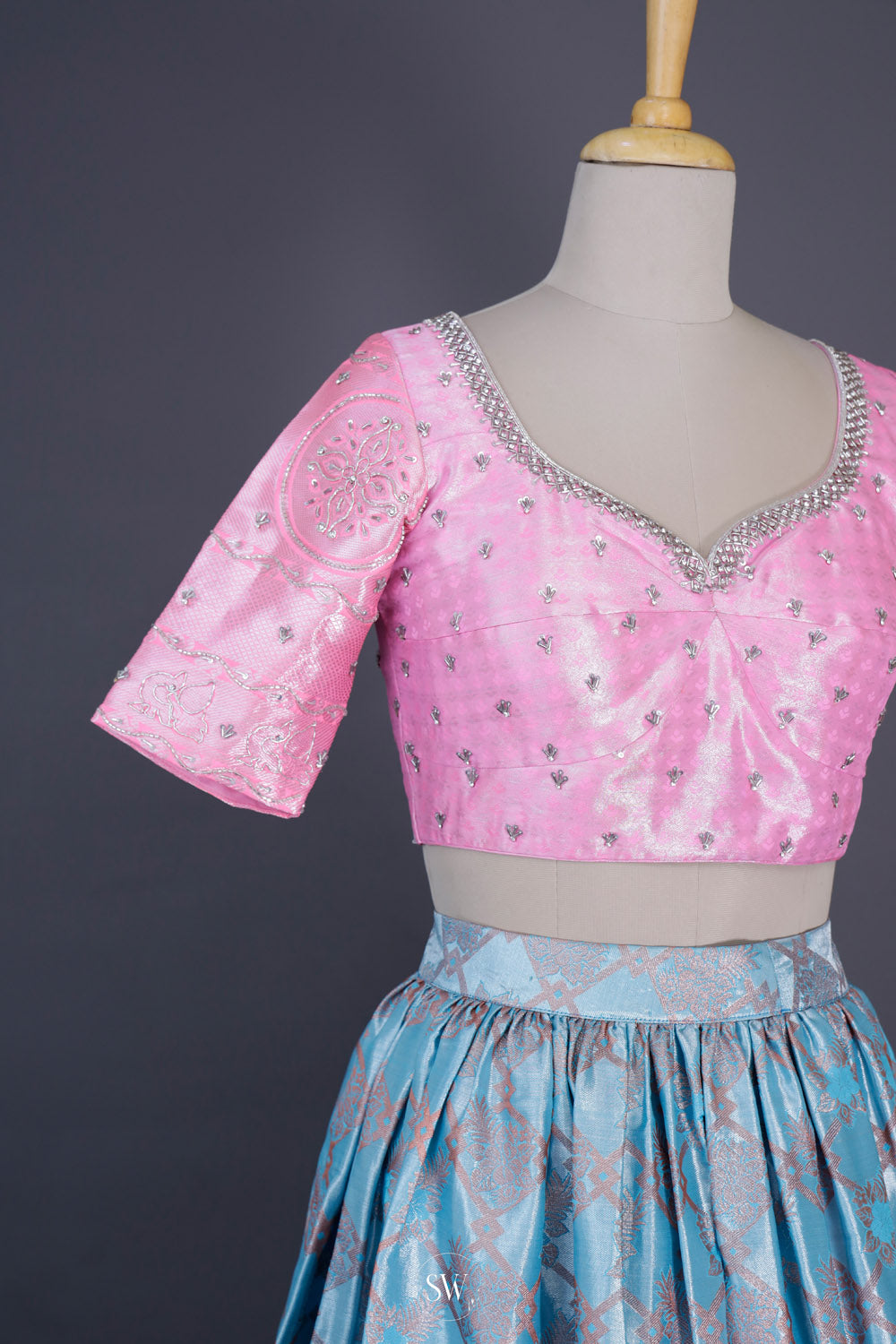 Pastel Pink-Blue Silk Lehenga Set With Zari Weaving