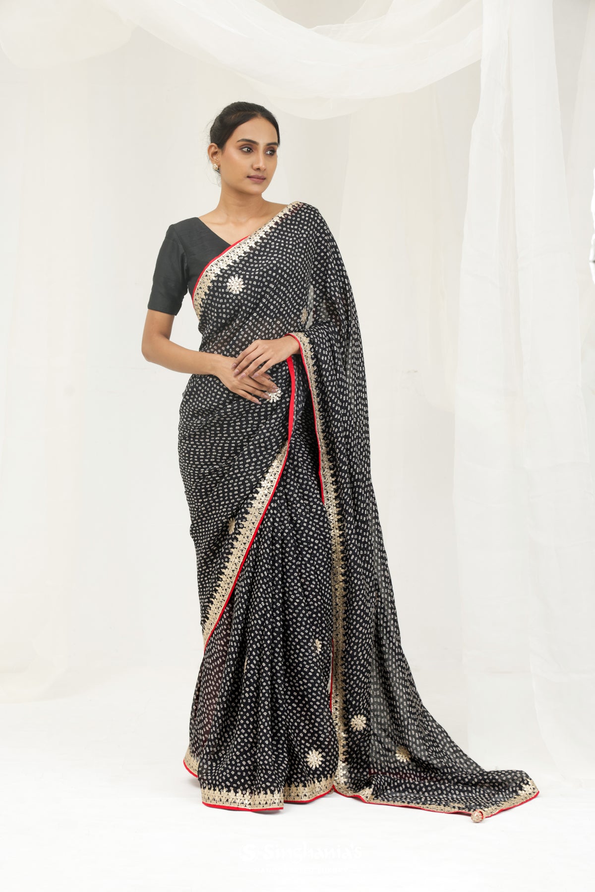 Night Black Bandhani Printed Silk Saree With Gota Patti Embroidery