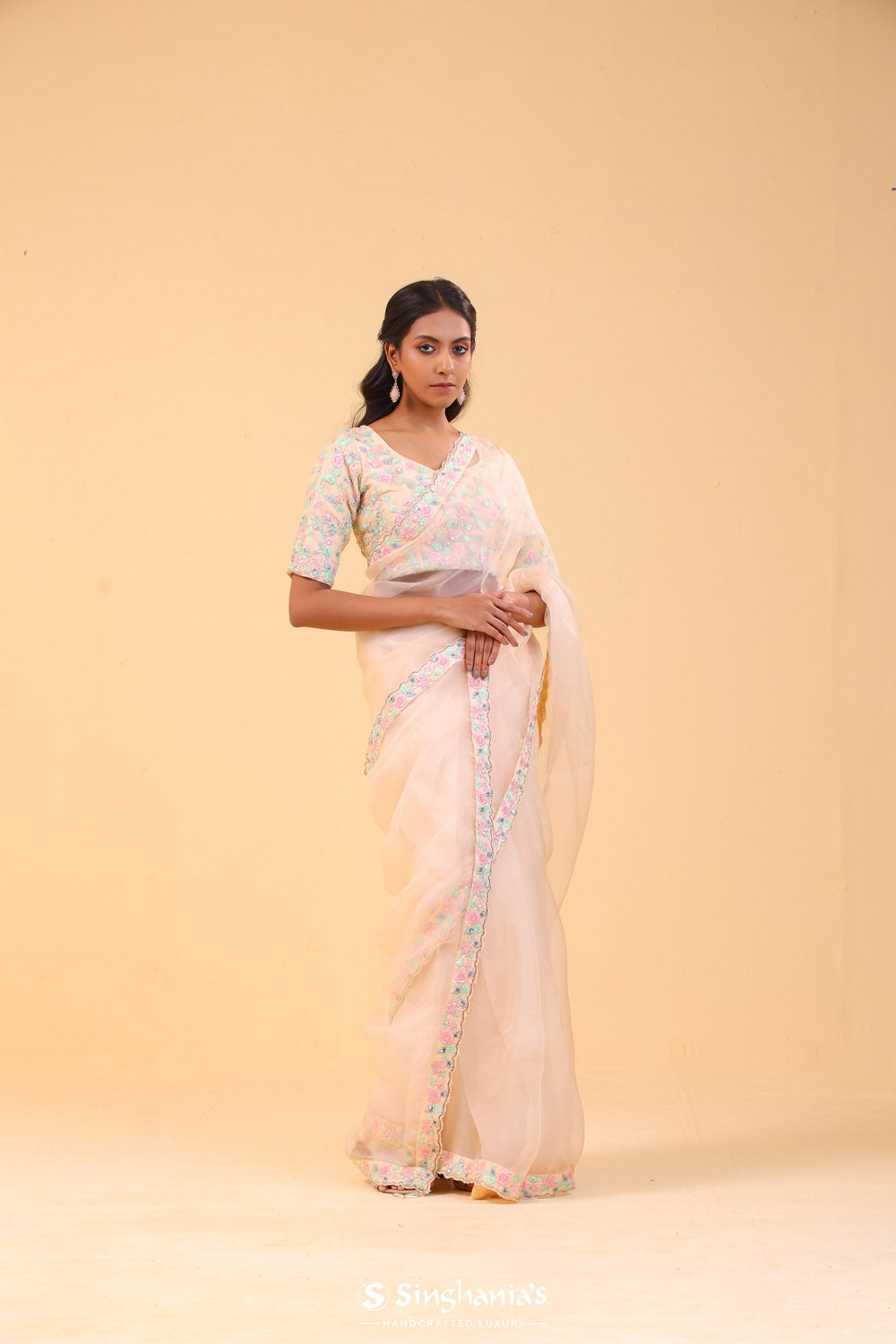 Canter Peach Organza Handcrafted Saree