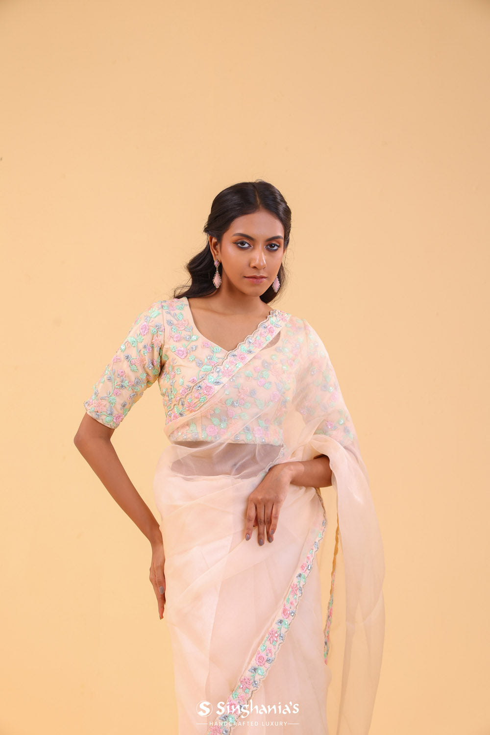 Canter Peach Organza Handcrafted Saree