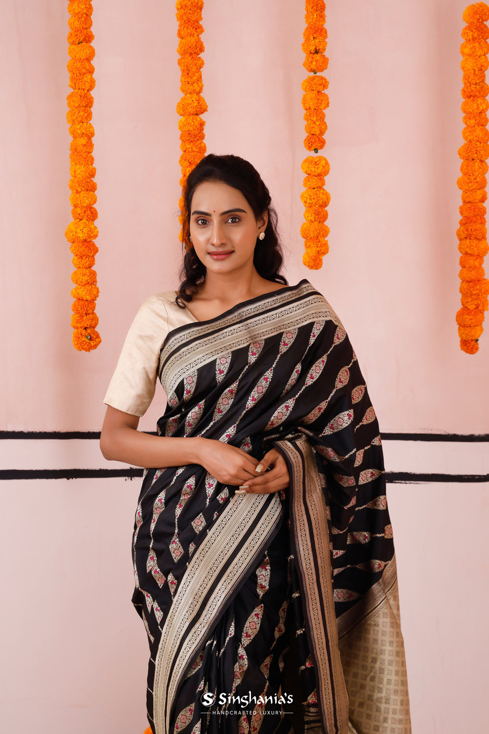 Deep Black Banarasi Silk Saree With Floral Motifs