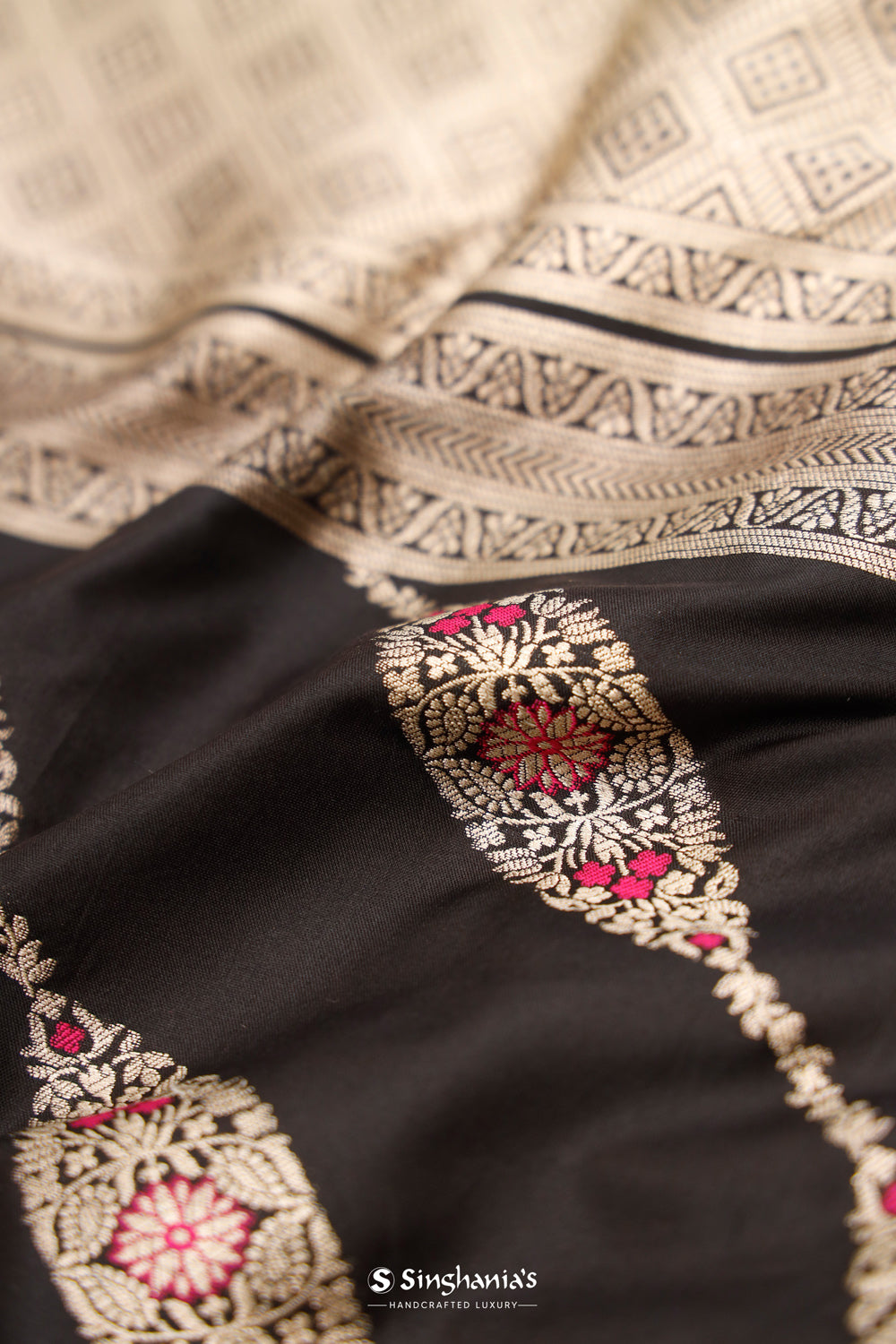 Deep Black Banarasi Silk Saree With Floral Motifs