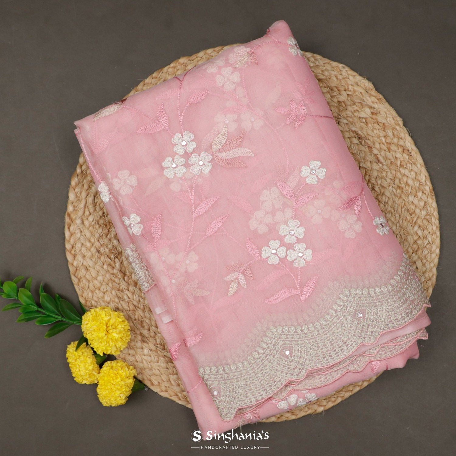 Light Pink Organza Saree With Floral Embroidery