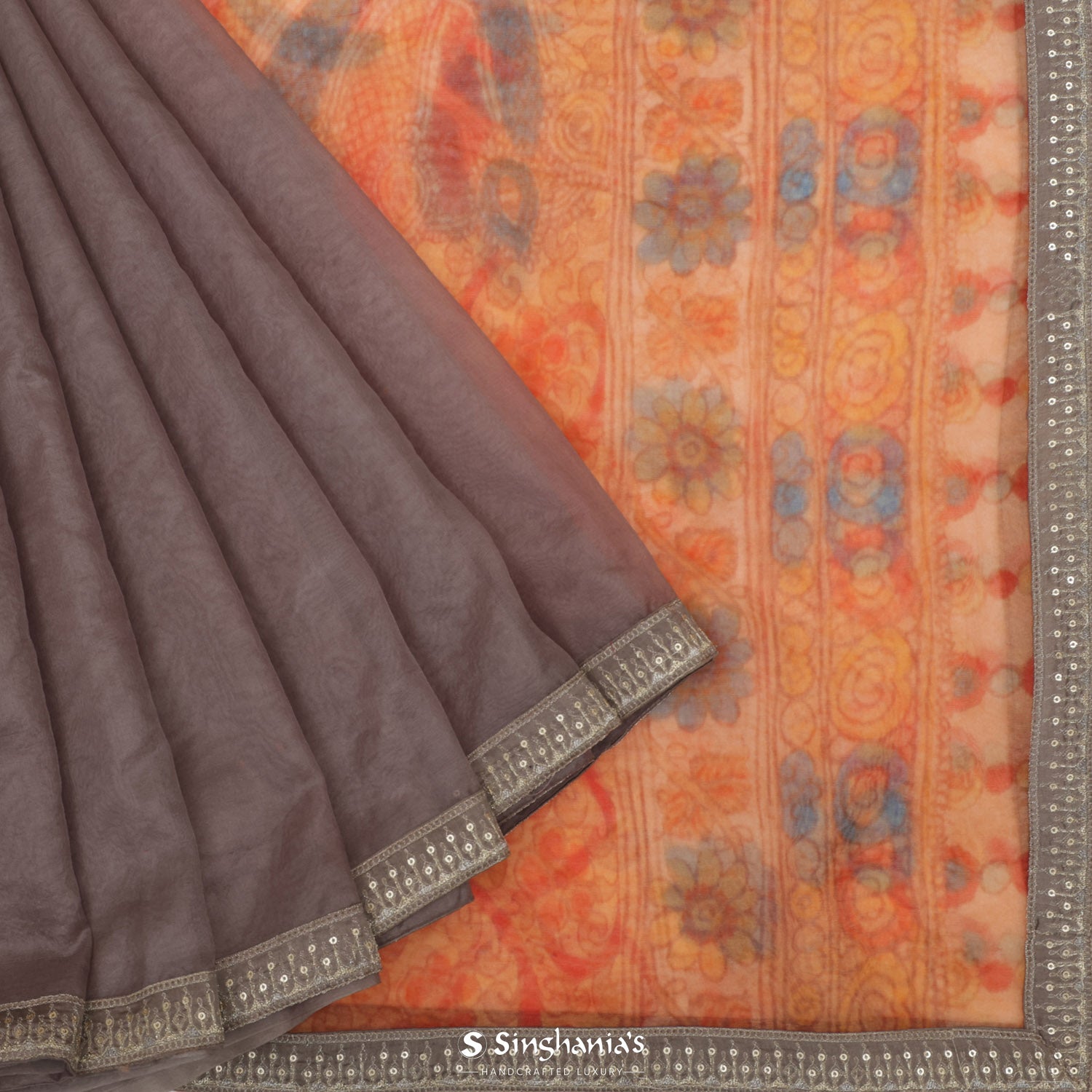 Deep Taupe Brown Organza Saree Has Sequin Embroidery Border