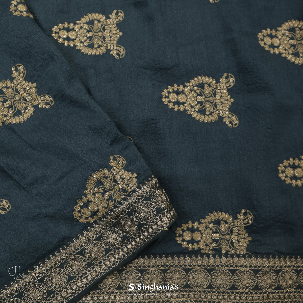 Black Green Printed Tussar Saree With Floral Pattern