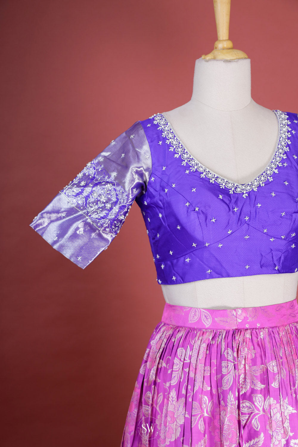 Fuchsia Purple-Blue Silk Lehenga Set With Zari Weaving