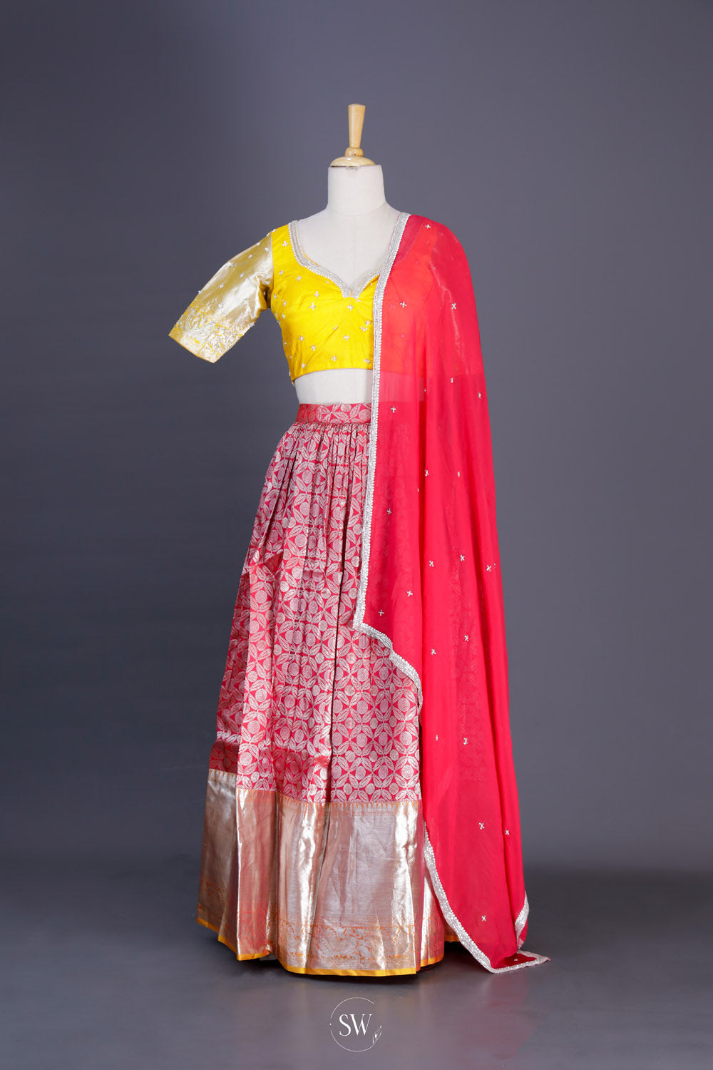 Raspberry Red-Yellow Silk Lehenga Set With Zari Weaving