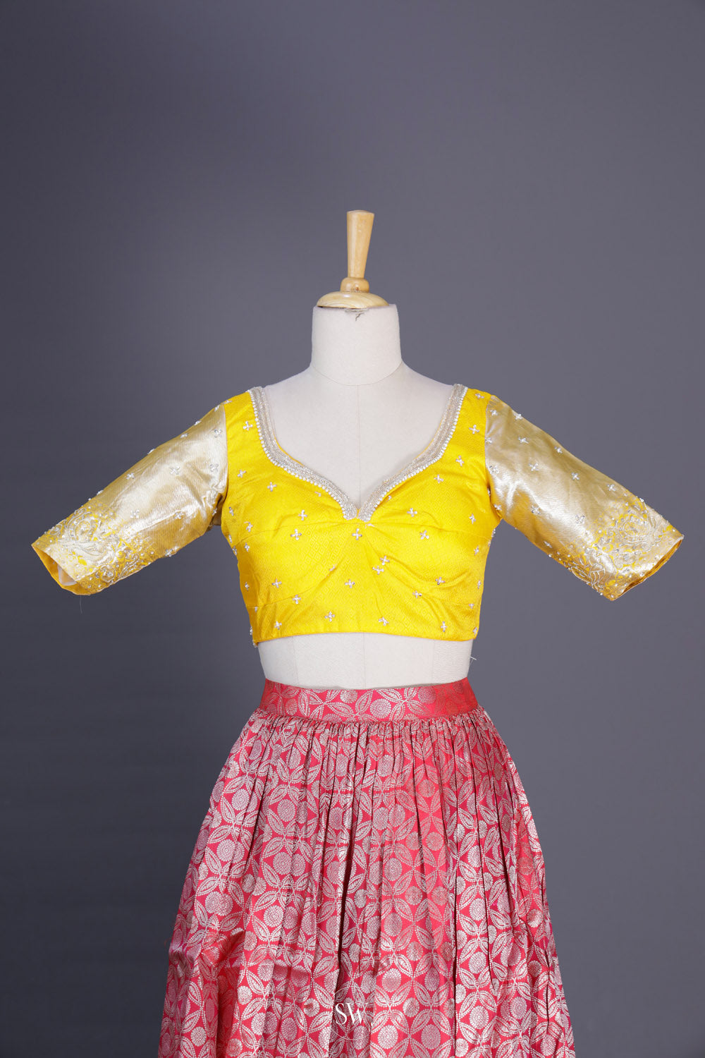 Raspberry Red-Yellow Silk Lehenga Set With Zari Weaving