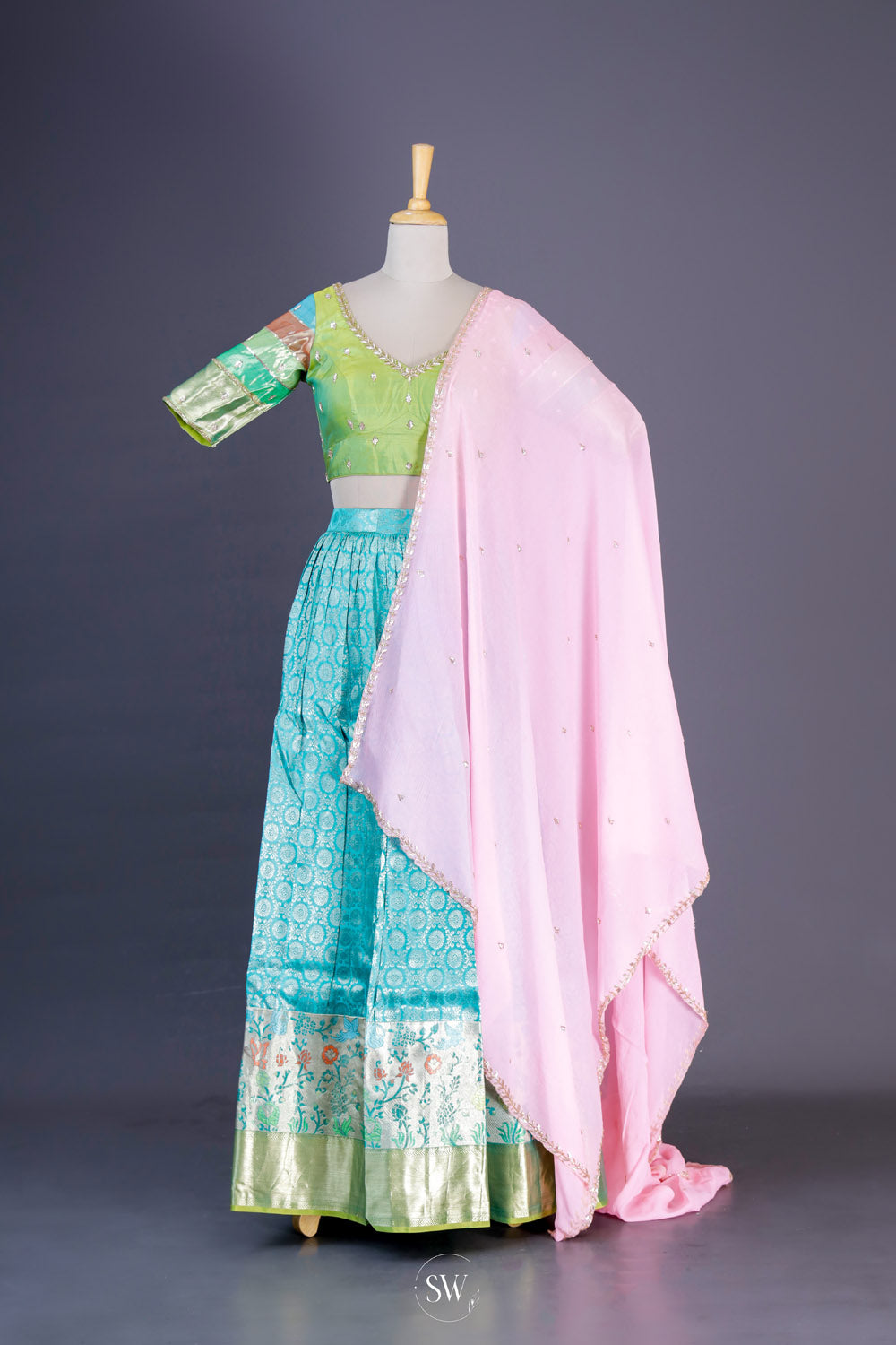 Electric Blue-Pink Silk Lehenga Set With Zari Weaving