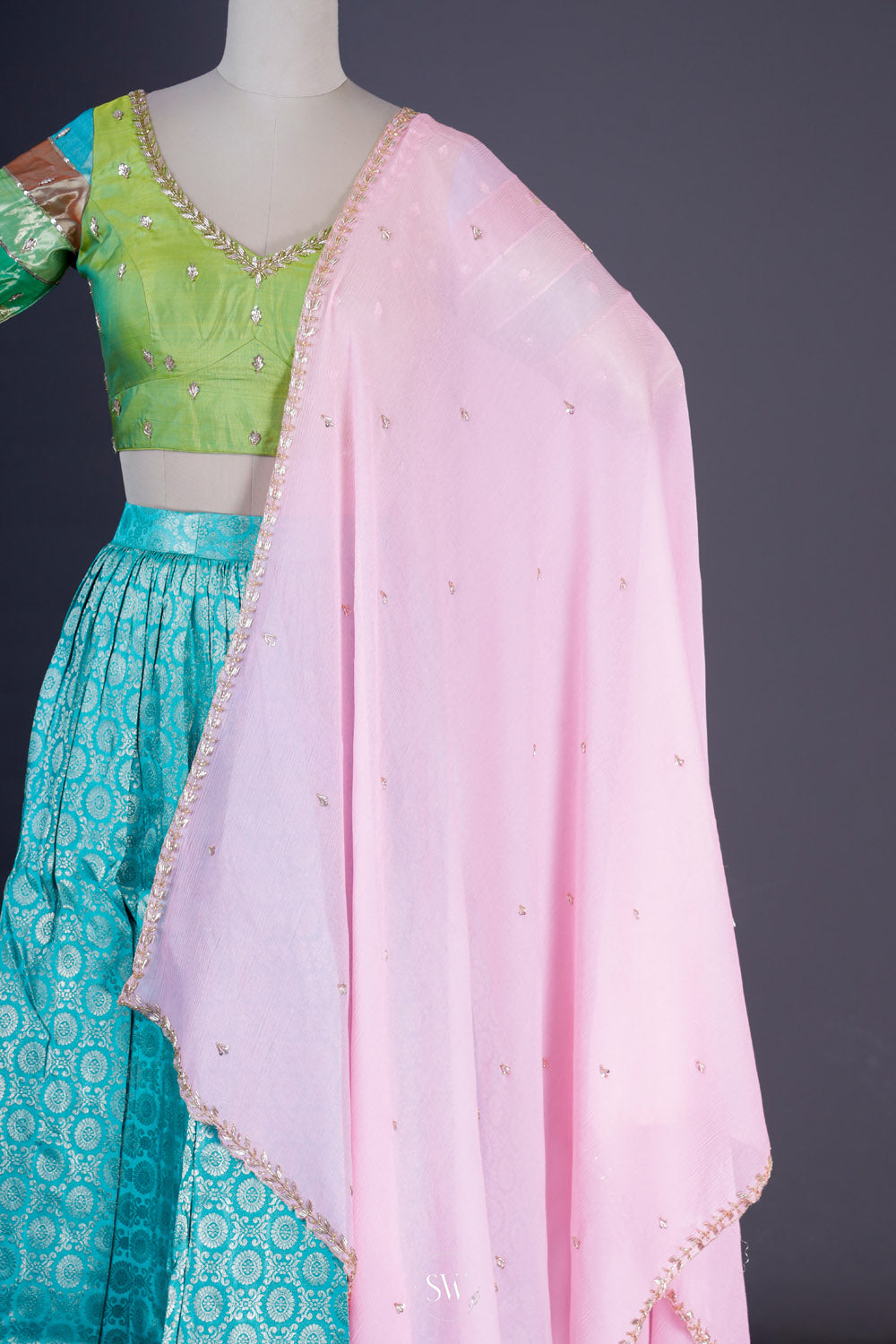 Electric Blue-Pink Silk Lehenga Set With Zari Weaving