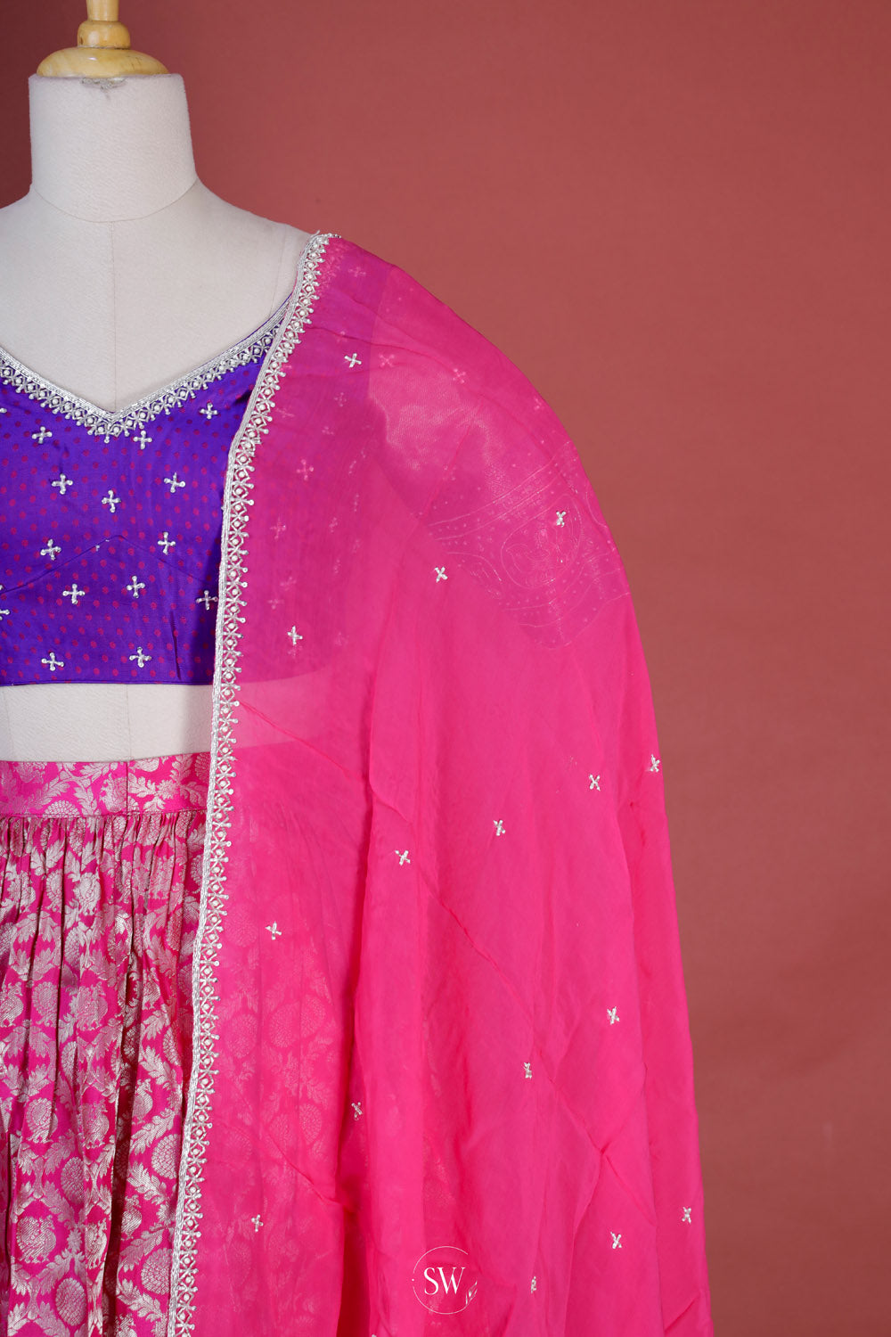 Deep Pink-Purple Silk Lehenga Set With Zari Weaving