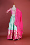 Fluorescent Blue-Pink Silk Lehenga Set With Zari Weaving