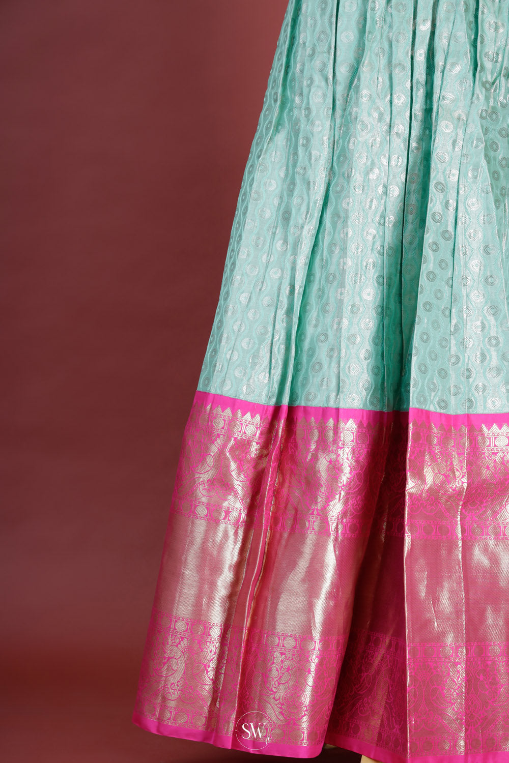 Fluorescent Blue-Pink Silk Lehenga Set With Zari Weaving