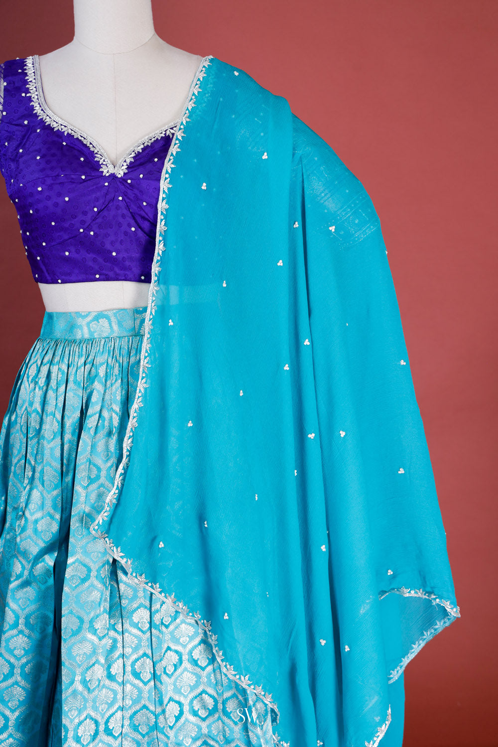 Electric Blue Silk Lehenga Set With Zari Weaving