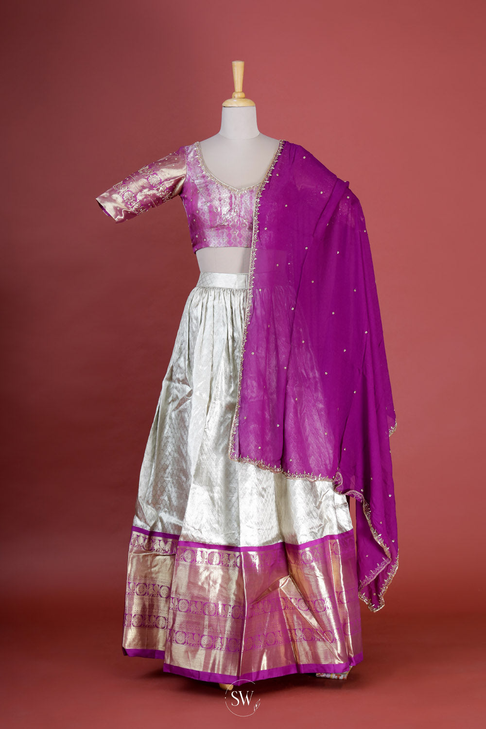Silver Purple Silk Lehenga Set With Zari Weaving