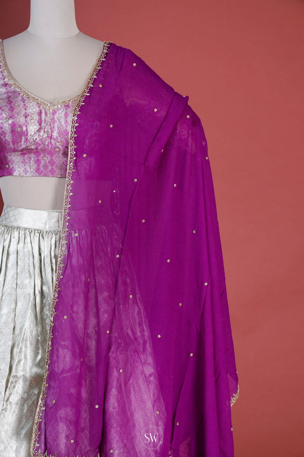 Silver Purple Silk Lehenga Set With Zari Weaving